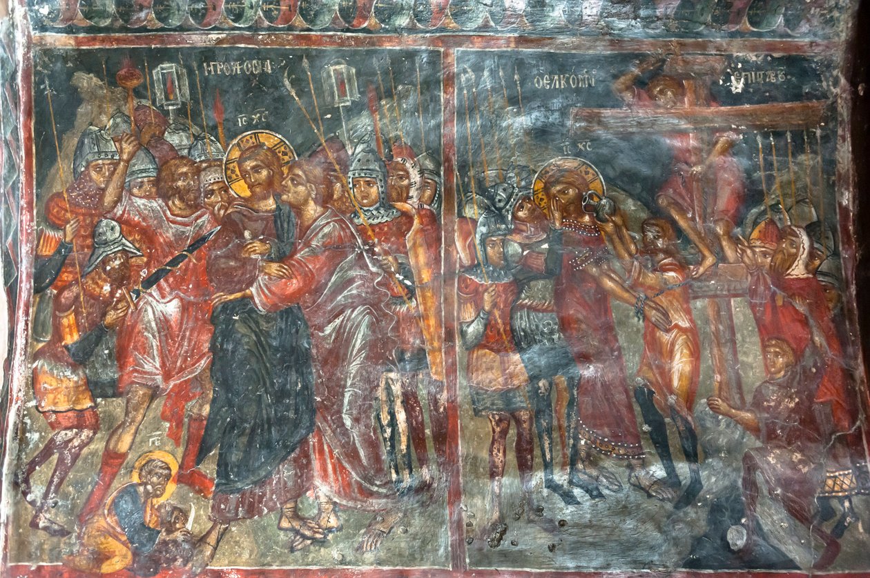 Gamle fresker; veggmalerier; kyss av Judas; Jesu korsfestelse; Panagia og Sotiras kirke; gresk-ortodoks kirke; Roustika; Kreta; Hellas; Europa av Unbekannt