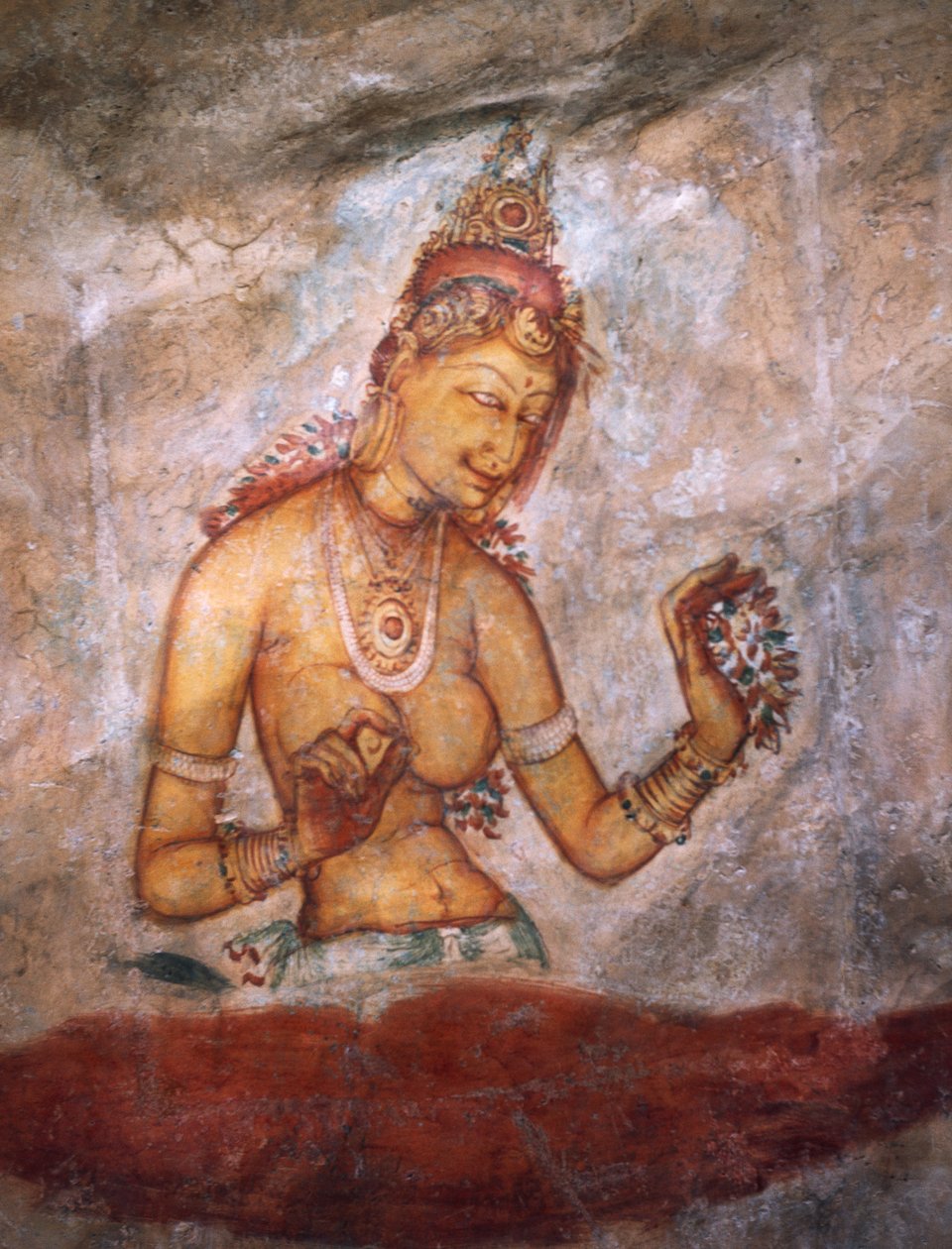 Apsaras, himmelsk nymfe som tilbyr blomster, freskomaleri, befestet citadell av Sigiriya (UNESCOs verdensarvliste av Alec Hunter