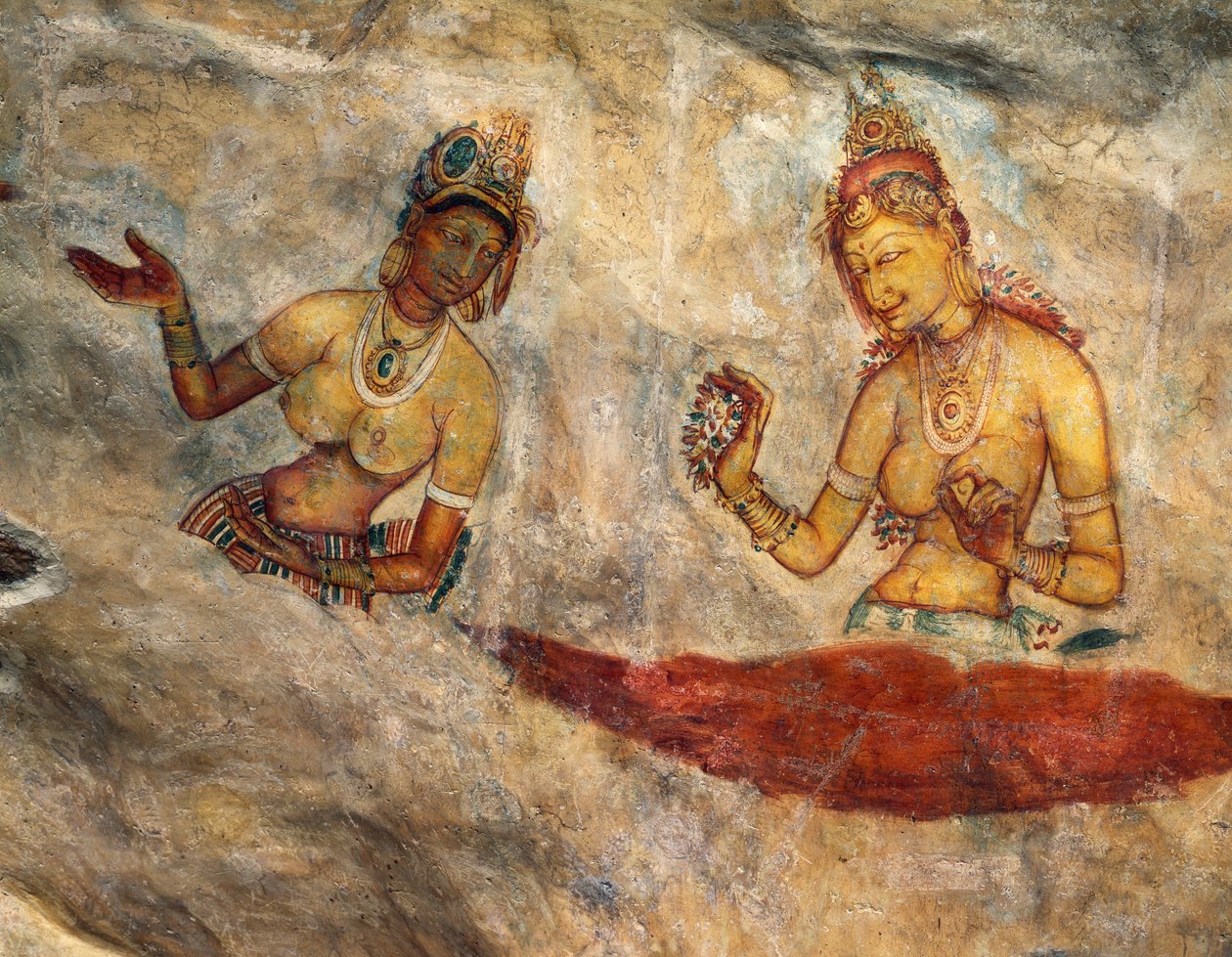Apsaras, himmelske nymfer som tilbyr blomster, freskomaleri, befestet citadell av Sigiriya (UNESCOs verdensarvliste av Alec Hunter