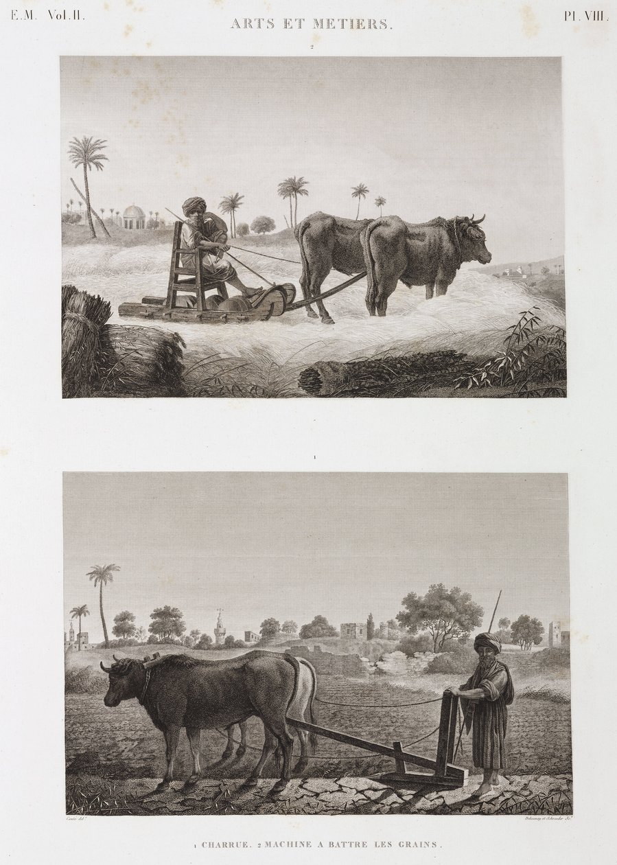 Jordbruk, pløying Treskemaskin og plog, Egypt, ca 1798 av Unbekannt