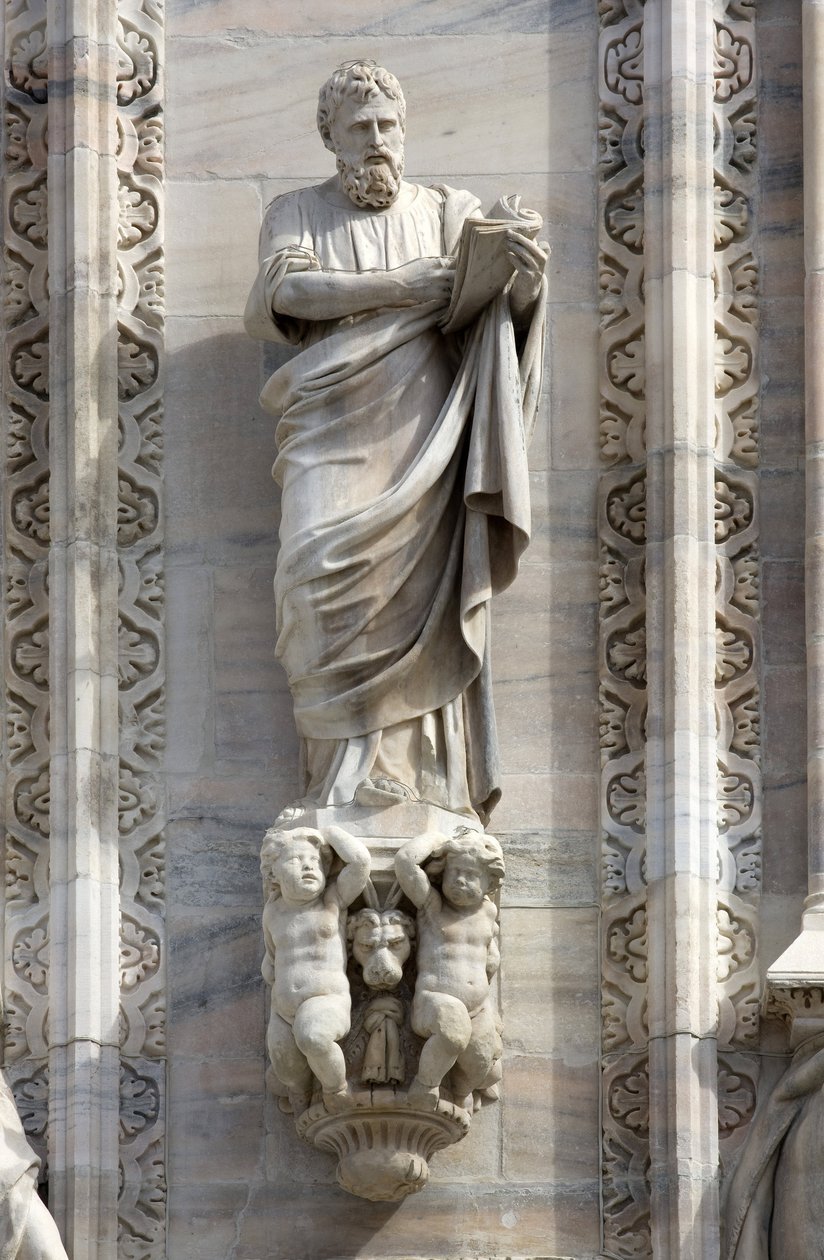 Arkitektur: statue av St. Mark av Donato Carabelli (1811). Detalj av fasaden til katedralen (kuppel eller duomo) i Milano Italia av Unbekannt