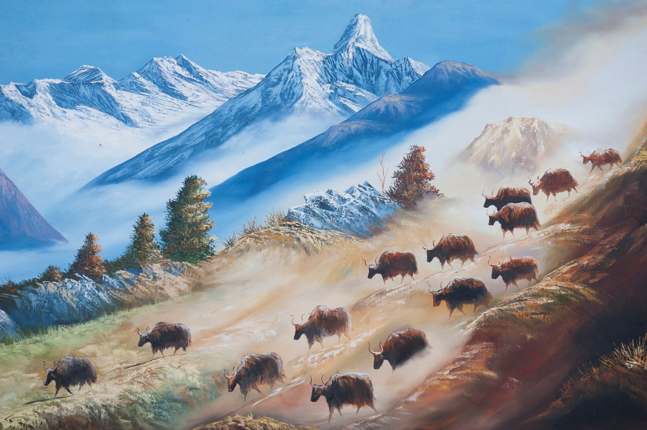 Kunst; maleri av en flokk yaks under Ama Dablam-fjellet; livet på landet; galleri i Kathmandu; Nepal; Asia av Unbekannt