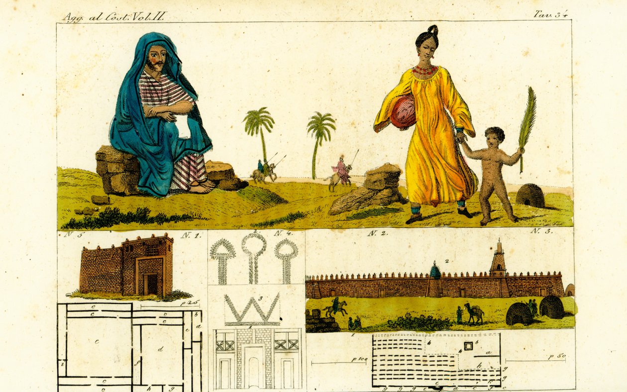 Auguste Rene Caillie 1 later som han studerer Koranen for å skissere moskeen i Timbuktu, Mali, 3, med kvinne i bomullskappe og nakent barn med palmeblad 2 av Unbekannt