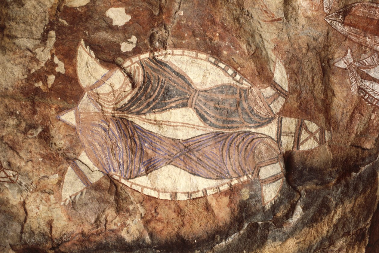 Australia, Northern Territory, Arnhem Land, Kakadu National Park, Nourlangie Rock, Aboriginal bergmalerier av William M. Timlin