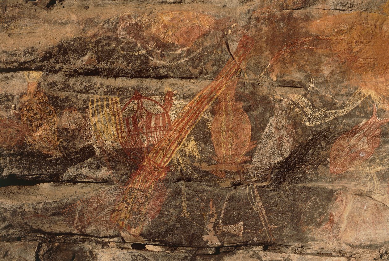 Australia, Northern Territory, Arnhem Land, Kakadu National Park, Obiri Rock, Aboriginal bergmalerier av Benjamin Baud