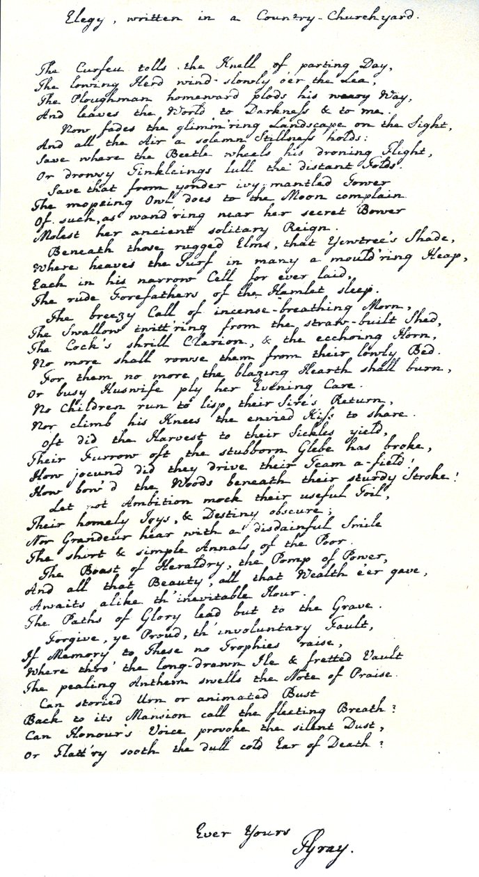 Autografkopi i håndskriften til poeten, Thomas Gray, av diktet hans "Elegy written in a Country Churchyard" av Unbekannt