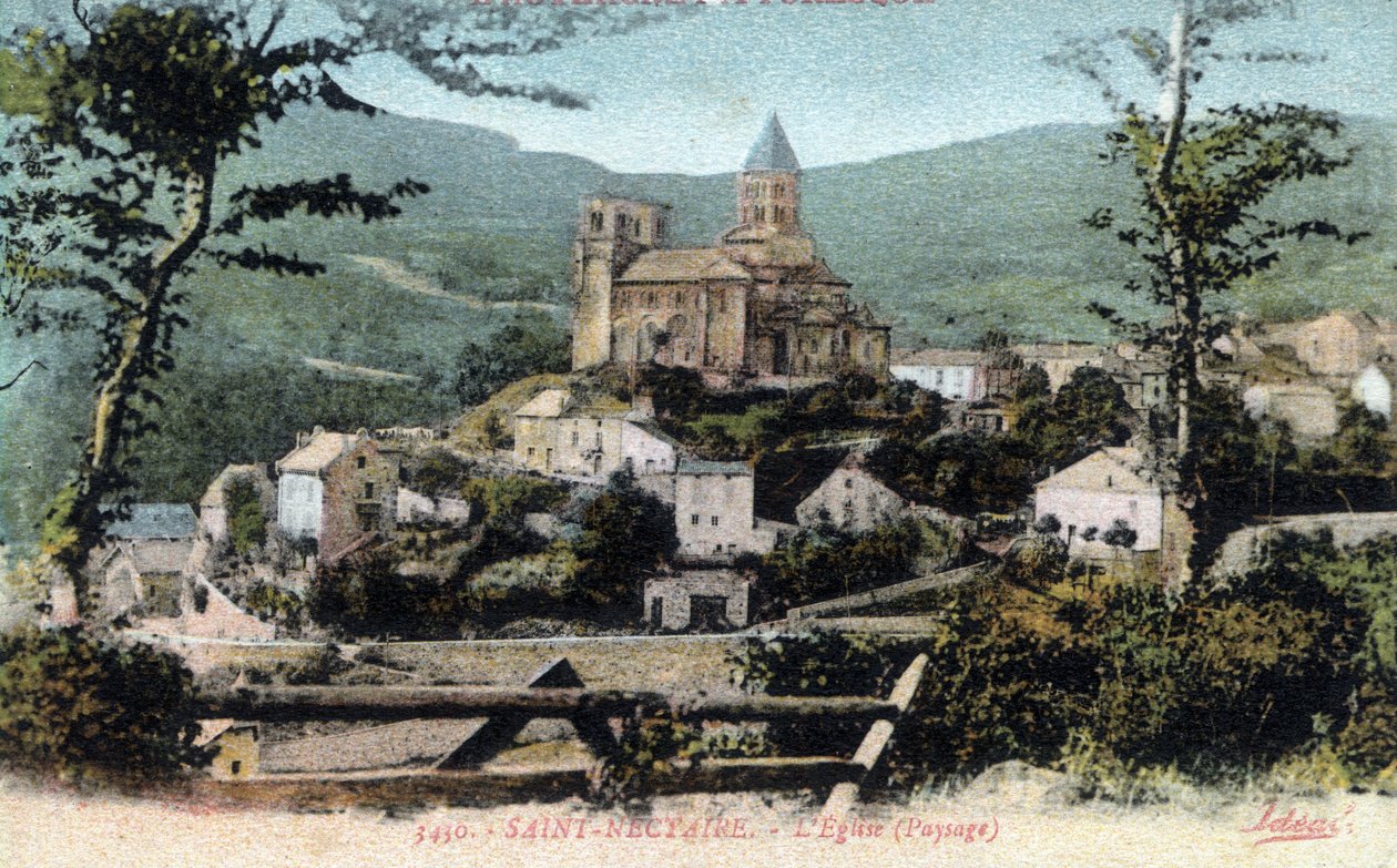 Auvergne, Puy-de-Dome (63), Saint Nectaire (Saint-Nectaire): utsikt over landsbyen og kirken, sent på 1800-tallet - begynnelsen av 1900-tallet - Postkort av William M. Timlin