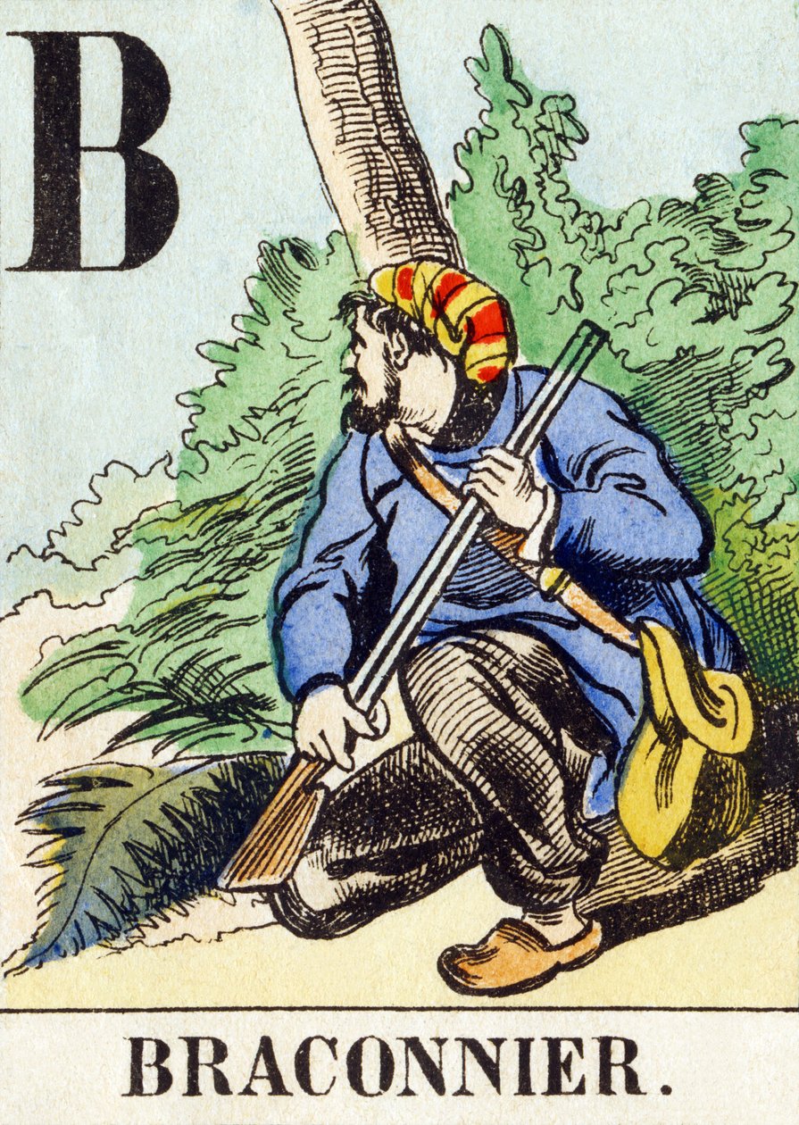 B : Braconnier - Jaktalfabetet, ca. 1890 (gravering) av Unbekannt
