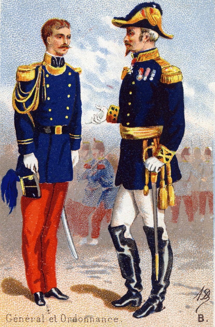 B: Generelt og forordning. Gravering i "Militæralfabetet" . Illustratorens initialer: A. D. Ukjent utgiver. Kromolitografier sent på 1800-tallet. Mål: 10,5x7 cm. av Unbekannt