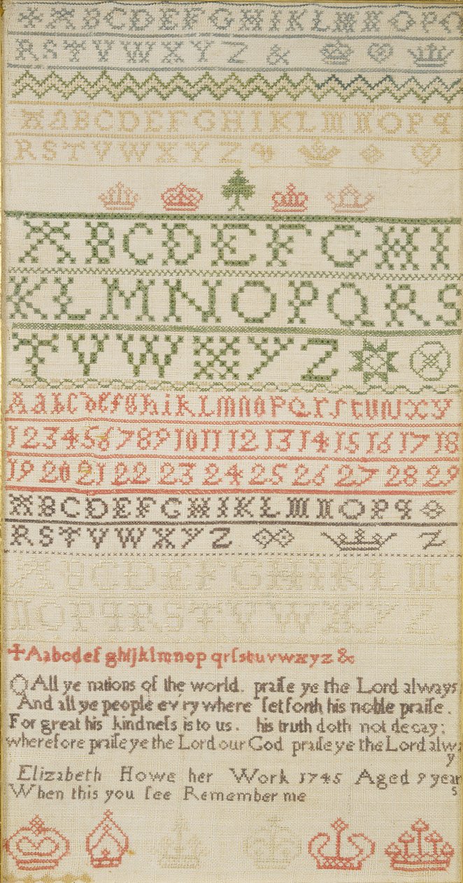 Bandsampler med alfabet, tall og et vers, arbeidet av Elizabeth Howe av Unbekannt
