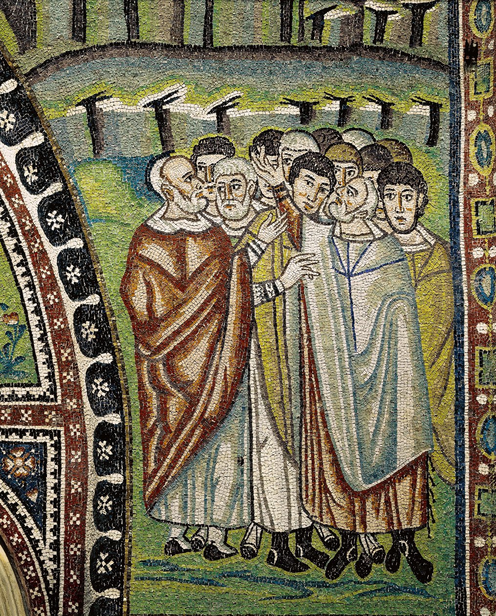 Basilica of San Vitale, Detalj av lunettemosaikk over inngangen til ambulatoriet som representerer Aaron-ledere for tolv stammer i Israel, Ravenna, Emilia-Romagna, Italia av William M. Timlin