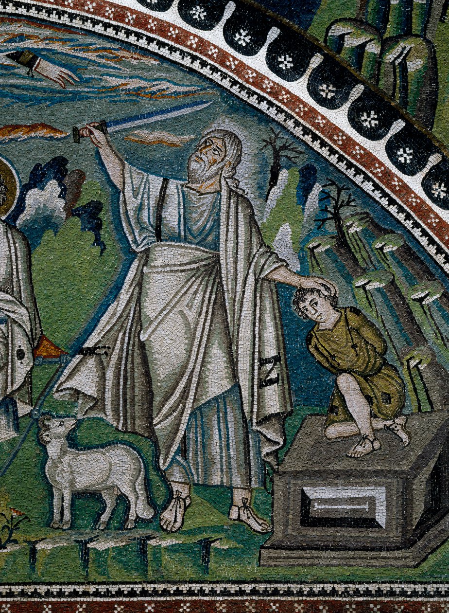 Basilica of San Vitale, Stories of Abraham, detalj av lunettemosaikk over inngangen til ambulatoriet som representerer ofring av Isaac, Ravenna, Emilia-Romagna, Italia av Benjamin Baud