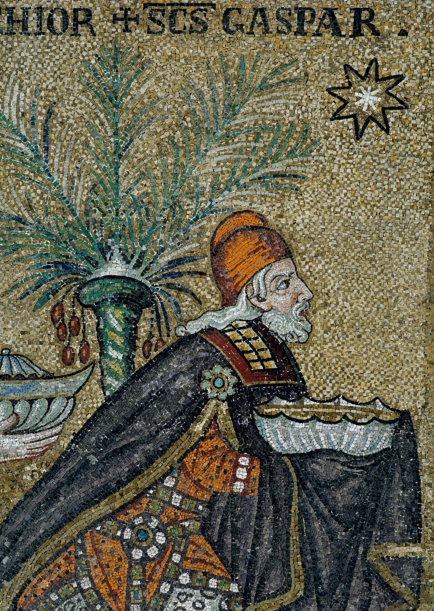 Basilica of Sant'Apollinare Nuovo, Detalj av mosaikk som representerer prosesjon av magi, Ravenna, Emilia-Romagna, Italia av William M. Timlin