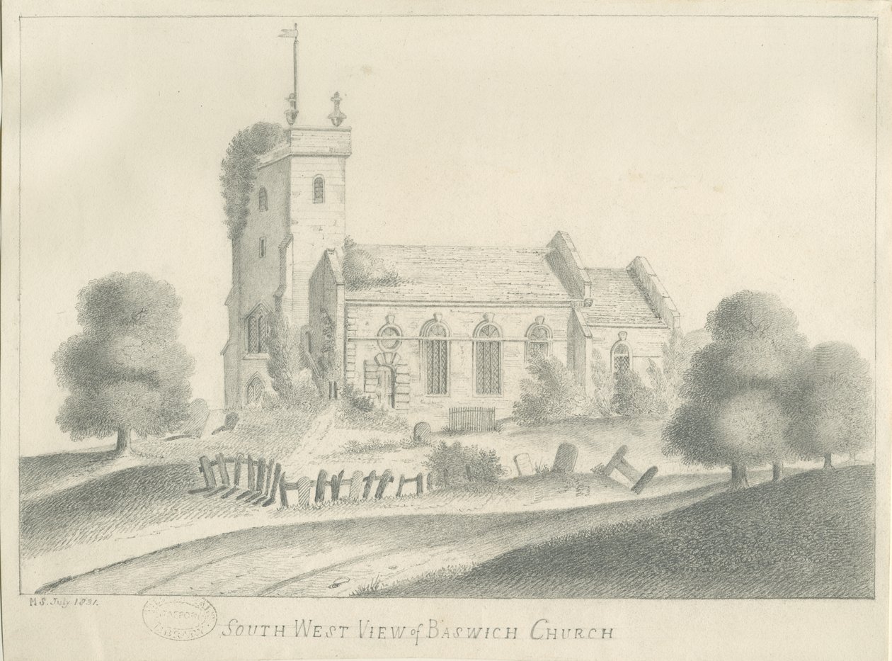 Baswich Church: blyanttegning, juli 1831 av Unbekannt