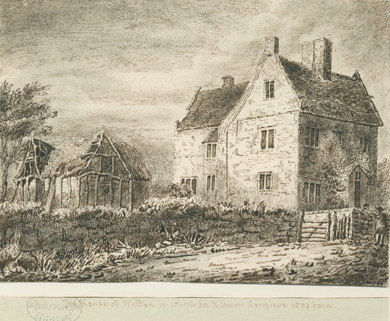 Baswich Village - huset til Sir William Congreve: blyant- og vasketegning, nd [?18. århundre] av Unbekannt