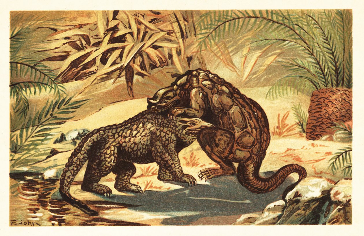 Kamp mellom en Megalosaurus bucklandii og Iguanodon bernissar1908 (litografi) av Unbekannter Künstler
