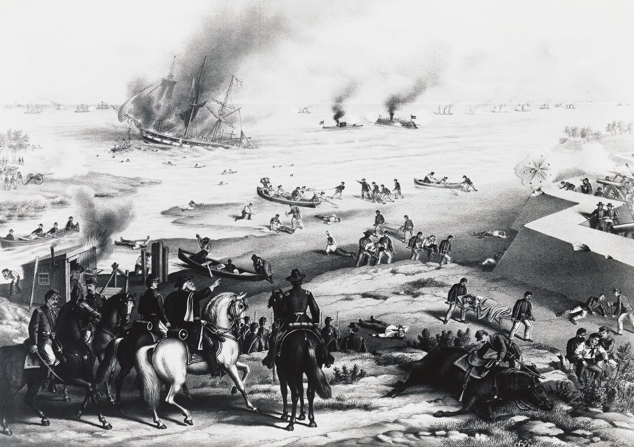 Battle of Hampton Roads eller Battle of Ironclads, USS Monitor og CSS Virginia (til høyre), 9. mars av William M. Timlin