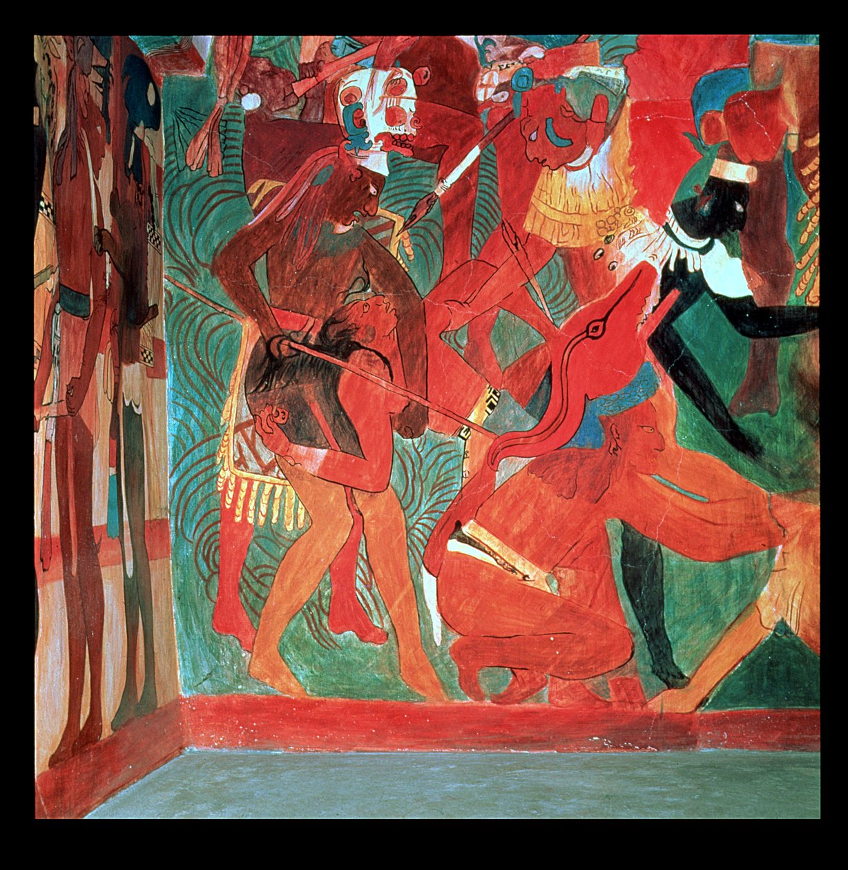 Kampscene avbildet i rom 2 i Painted Temple i Bonampak, Mayan, Late Classic Period, ca. 800 (veggmaleri) av Unbekannter Künstler