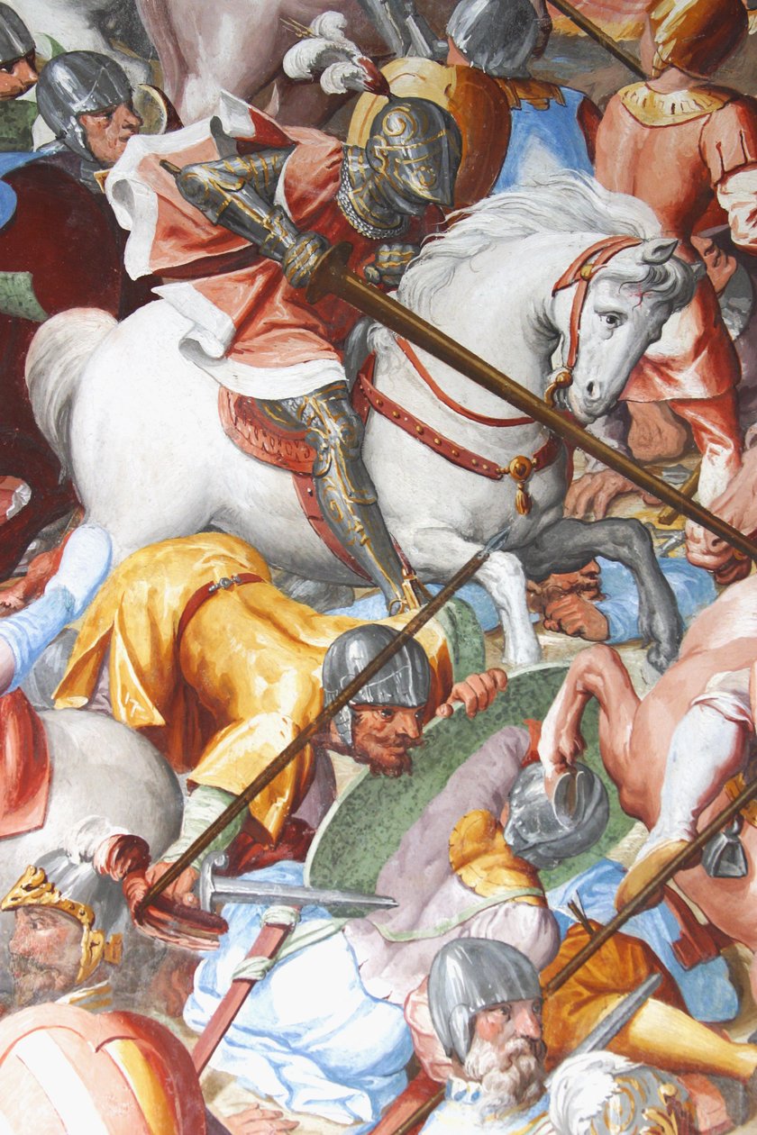 Kampscene, detalj fra freskene i Hall of Battles (fresco) av Jean Le and workshop Noir