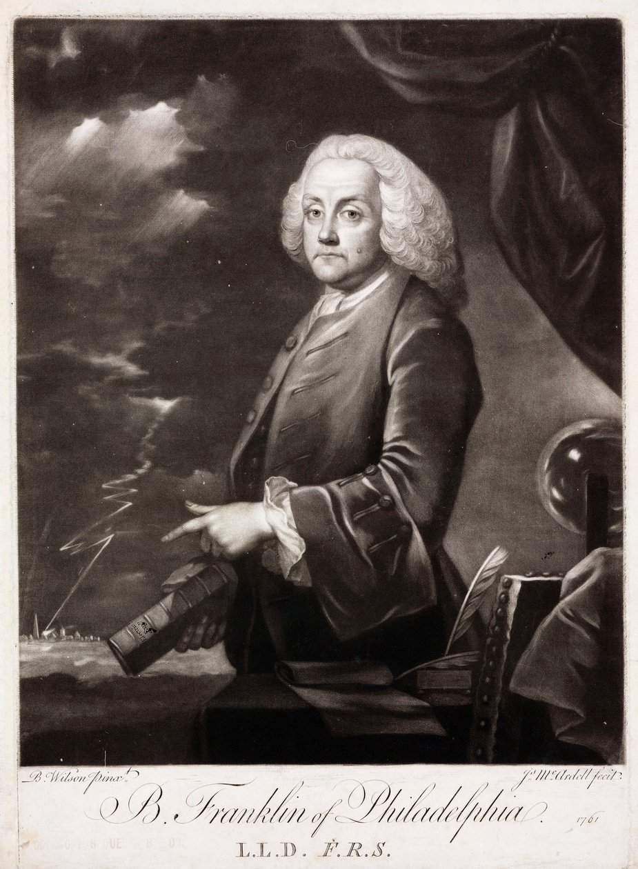 Benjamin Franklin, amerikansk teoretiker om statisk elektrisitet av Unbekannt
