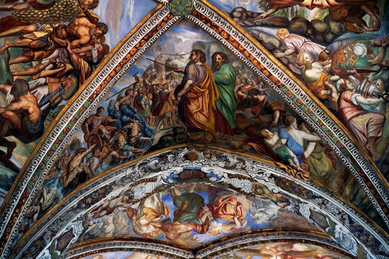 Bibelske scener, fresker (1700-tallet) fra hvelvet til St. Bartholomew-katedralen, Lipari, De eoliske øyer (UNESCOs verdensarvliste, 2000), Sicilia, Italia. av Benjamin Baud