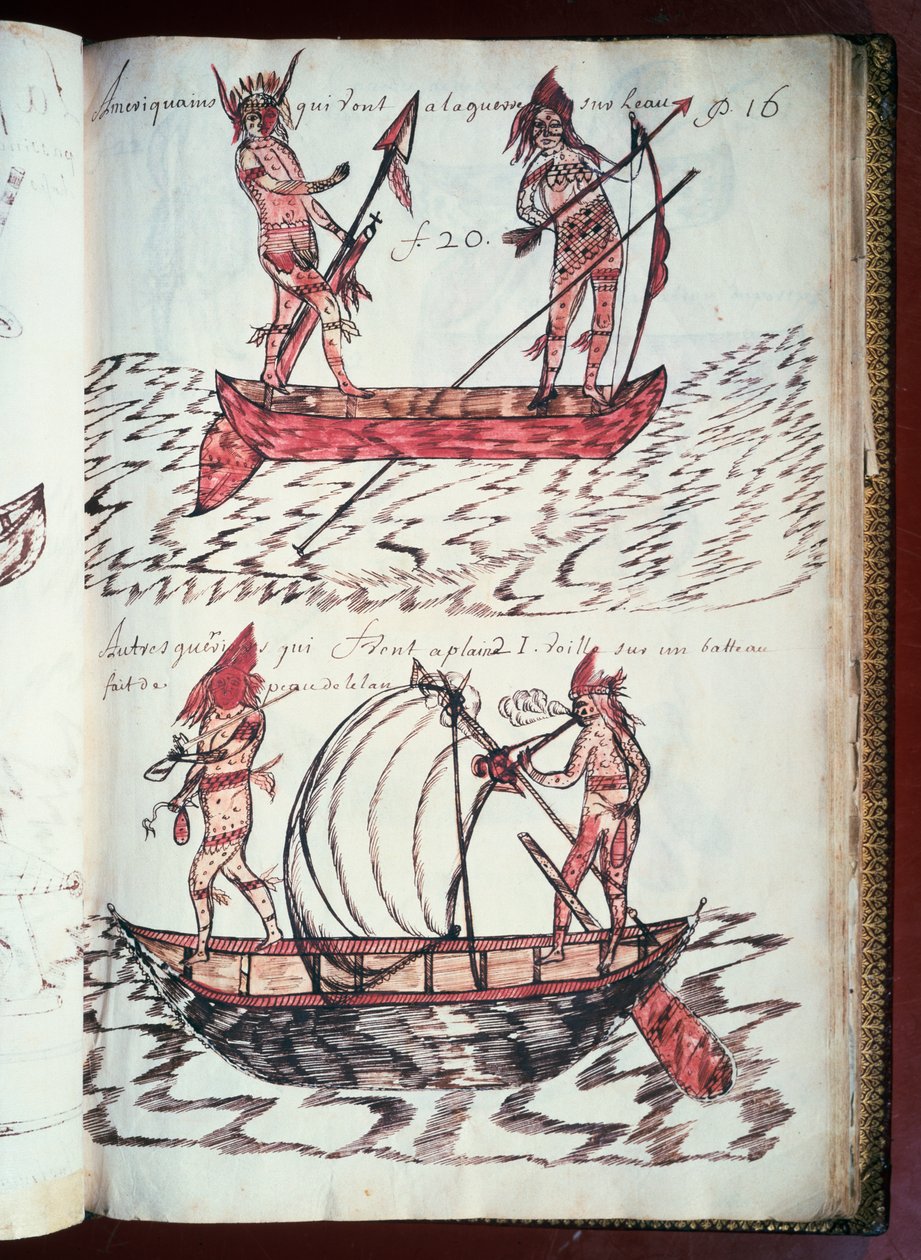 Boats of Indians, side fra Codex Canadensis (1664-1675), manuskript på pergament av Louis Nicolas, Frankrike av William M. Timlin