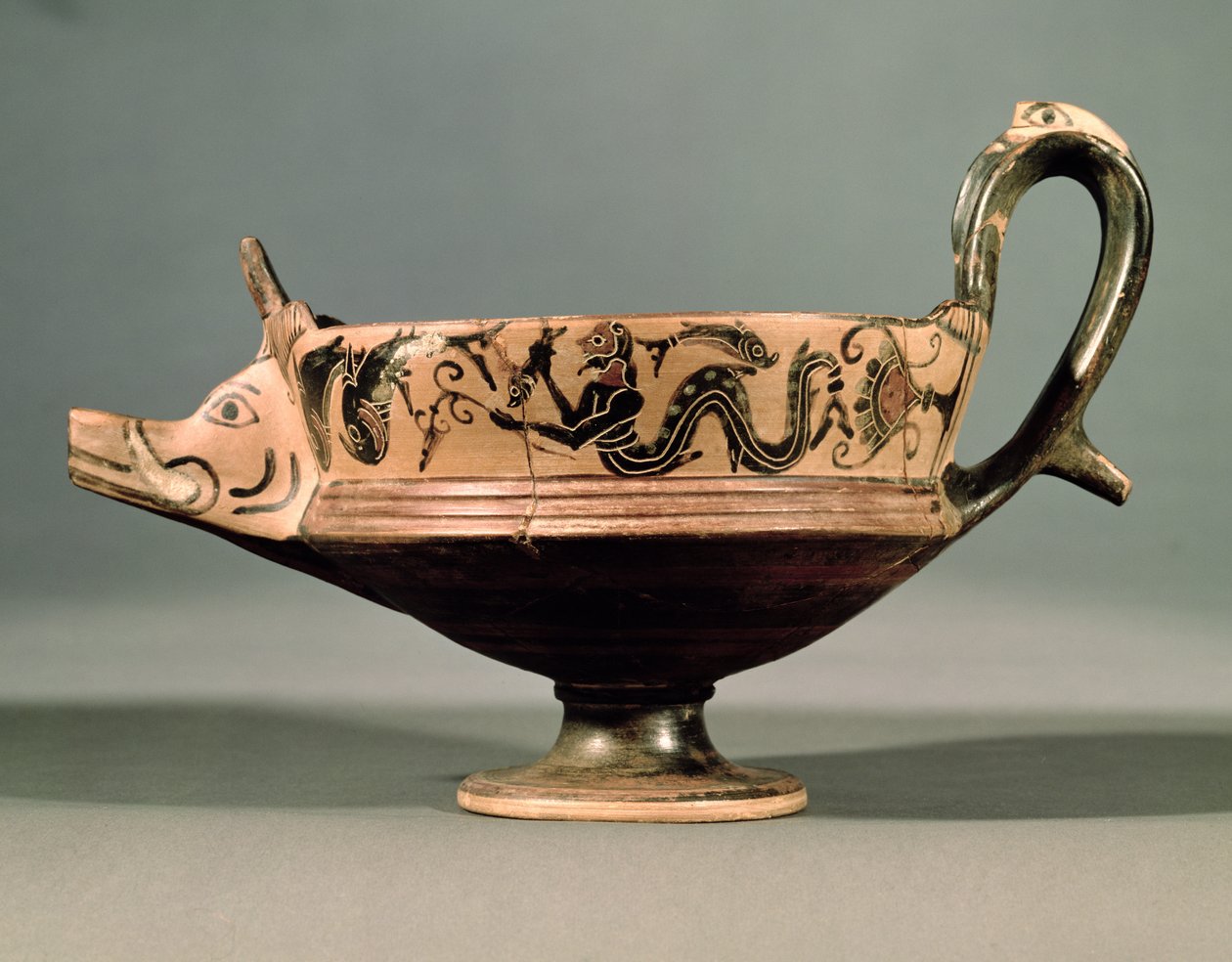 Boeotisk svartfigur kyathos fra gruppen Boeotian Dancers, ca. 575-550 f.Kr. (keramikk) av Unbekannt