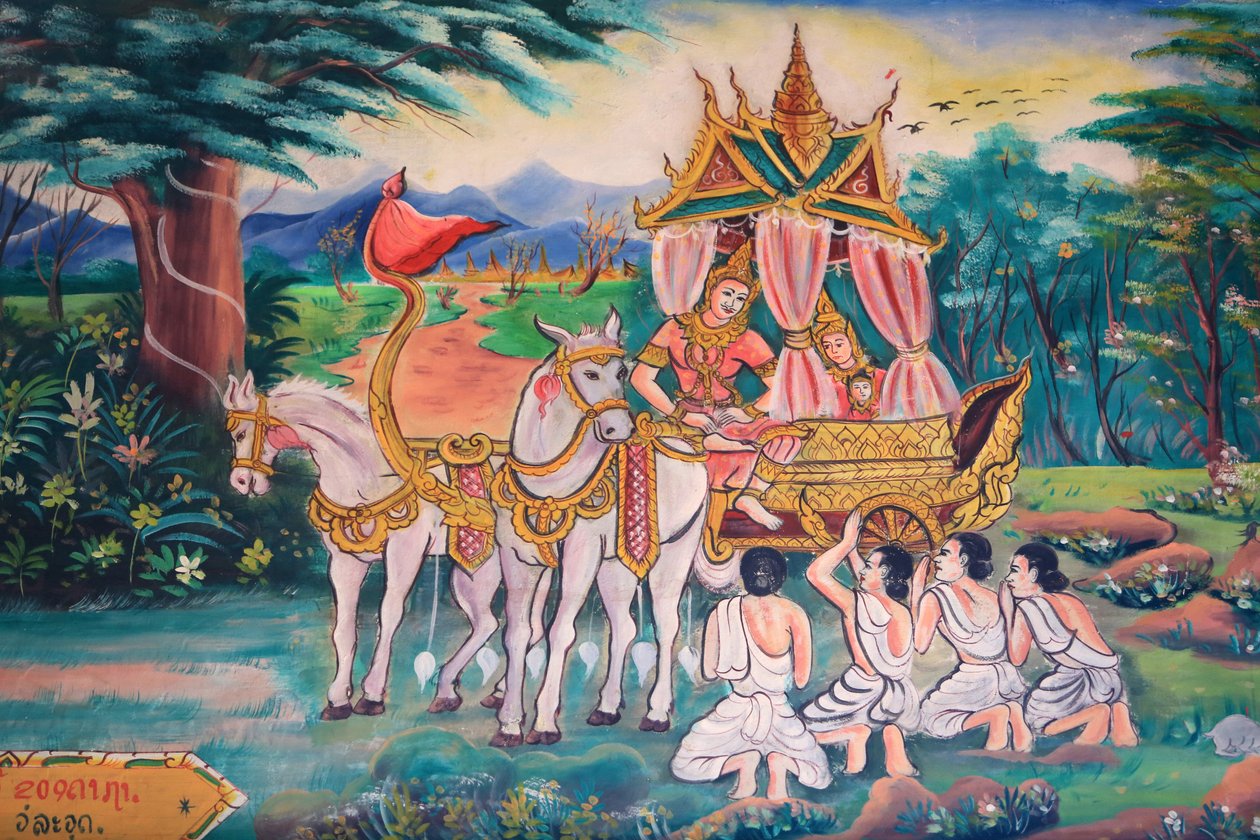 Buddha og prinsesse Yashodhara og deres sønn, Rahula. Buddhas liv. Veggmalerier. Wat Inpeng. Ventiane. Laos, 20151029, Vientiane, Laos av Unbekannt