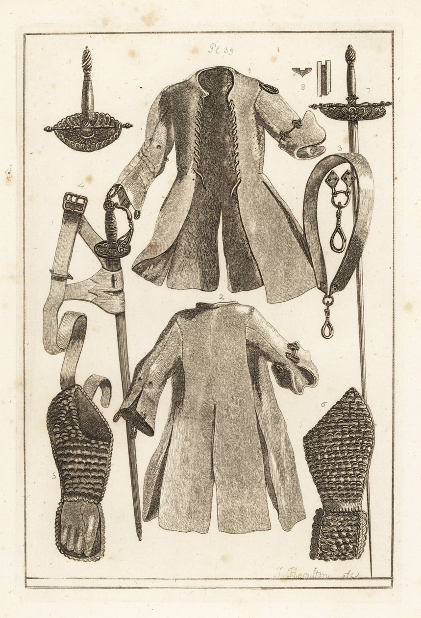 Buff coat 1,2, buff belte 3, forgylt sølv sverd hjelt 4, buff armstykke og hanske 5,6, toledo sverd 7, blad og slire 8, og buff 9 av Unbekannt