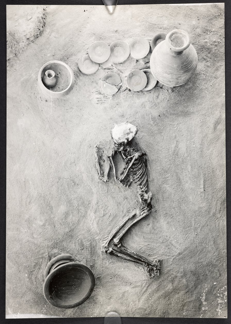 Burial group in cemetery on Site H, Eastern Trench, Harappa Excavations, Mohenjo-Daro (b/w photo)   1352802   no       norwegian Successfully Translated  Original: Jodensavanne Joden Savannah. Gezigt op de sijnagoge en kerkhof van de zijde van het militair av Unbekannter Künstler
