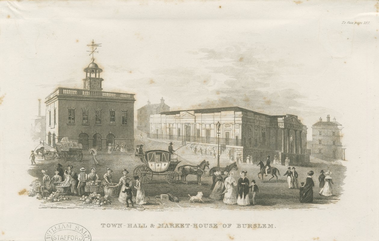 Burslem - Rådhus og markedshus: gravering, nd [1836] av Unbekannt