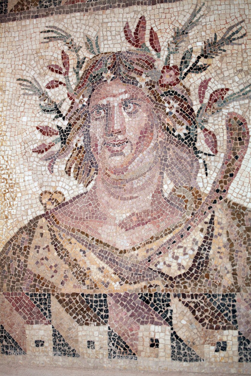 Byste av høsten - Detalj av Four Season-panelet - Paphos-mosaikker, Dionysos-huset - Slutten av det 2. århundre e.Kr. - Kypros - Personifisering av høsten - Detalj av mosaikken fra de fire årstidene - Mosaikkene fra Paphos, Dionysos-huset - Slutt II århund av Unbekannt