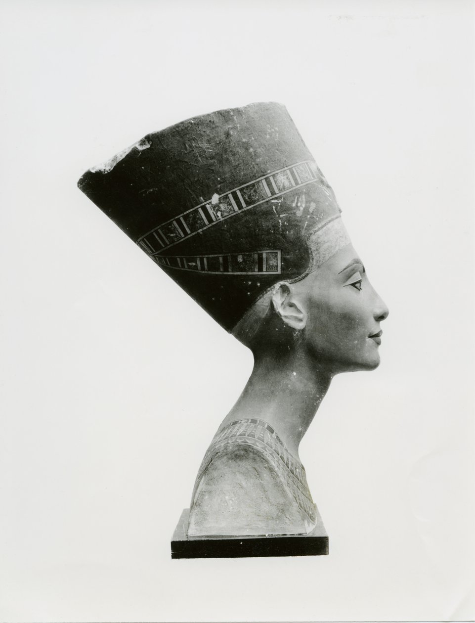 Byste av dronning Nefertiti, sett fra siden, kopi av byste i Aegyptisches Museum, SMPK, Berlin (malt kalkstein) (s/hv-bilde) (se også 114018-20) av Unbekannt