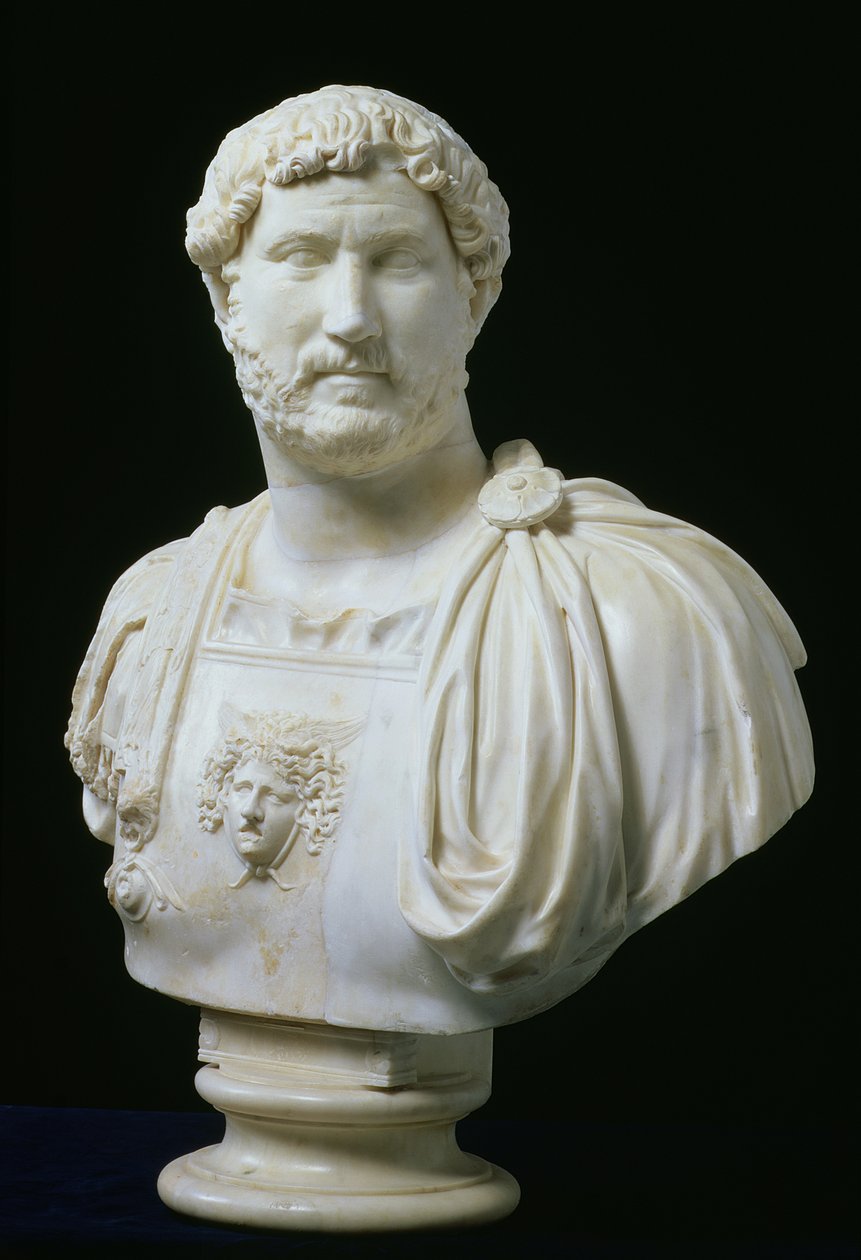 Byste av keiser Hadrian (Publius Aelius Hadrianus) (76-138), ca. 130 e.Kr. (marmor) av Unbekannt