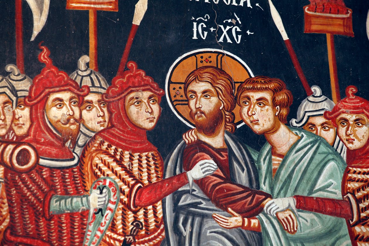 Bysantinsk freskomaleri fra 1400-tallet Juda forræderi og arrestasjonen av erkeengelkirken Jesus Michael i Pedoulas Kypros Malte kirker UNESCO-sted Troodos, Kypros av Unbekannt