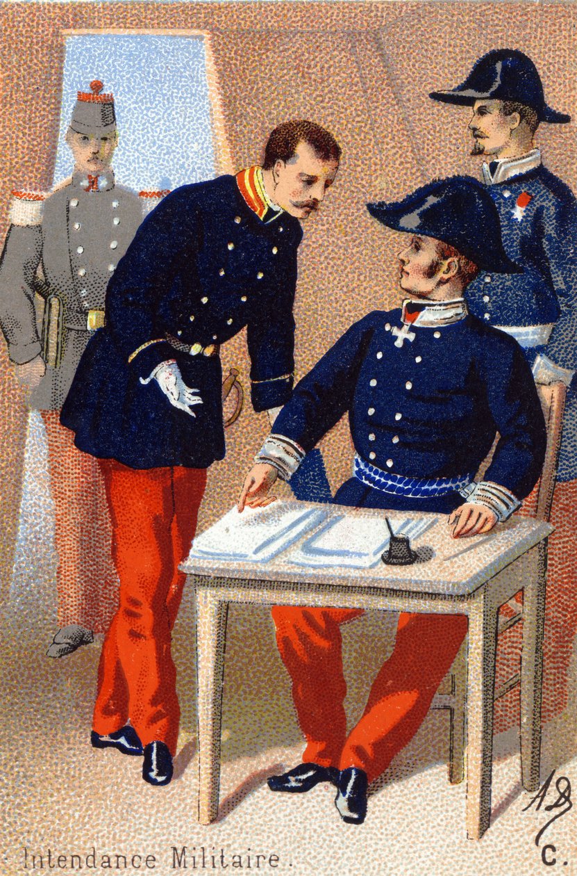 C: Militær forvaltning. Gravering i "Militæralfabetet" . Illustratorens initialer: A. D. Ukjent utgiver. Kromolitografier sent på 1800-tallet. Mål: 10,5x7 cm. av Unbekannt