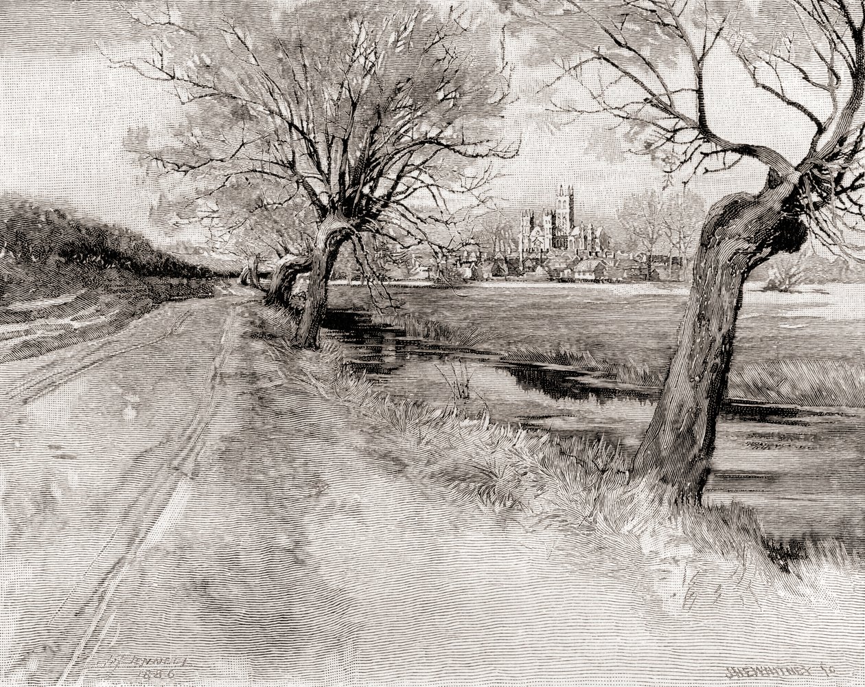 Canterbury Cathedral, fra sørvest, ved solnedgang, fra The Century Magazine, utgitt 1887 (gravering) av Unbekannt