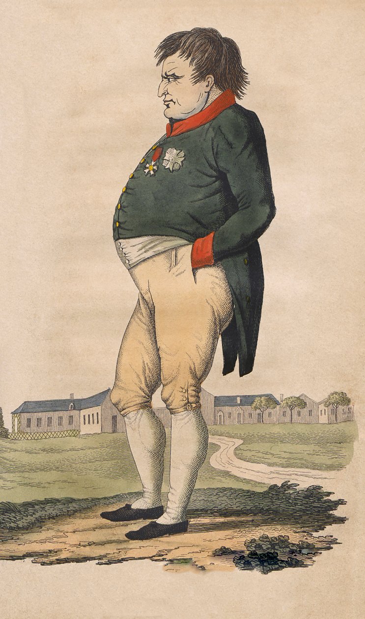 Karikatur av Napoleon Bonaparte på St. Helena laget to måneder før han døde 5. mai av Unbekannt