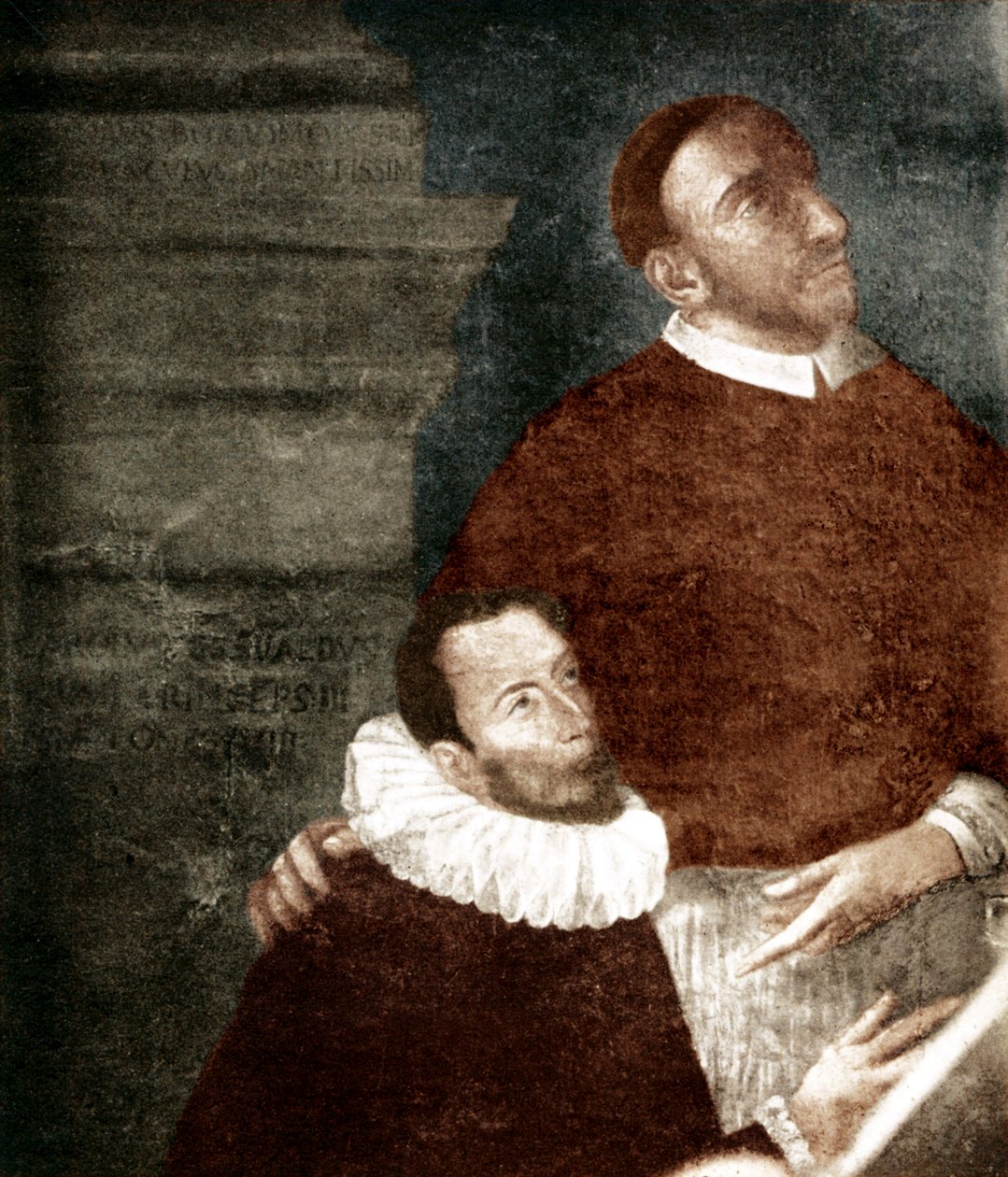 Carlo Gesualdo, prins av Venosa. 1560-1613. I maleri med onkelen Carlo Borromeo. Gesualdo er knelende skikkelse. Maleriet henger i Gesualdo, Santa Maria delle Grazie-kirken (klosteret til kapusinerbrødrene). Tenkte å være en altertavle fra 1609 av Giova av Unbekannter Künstler
