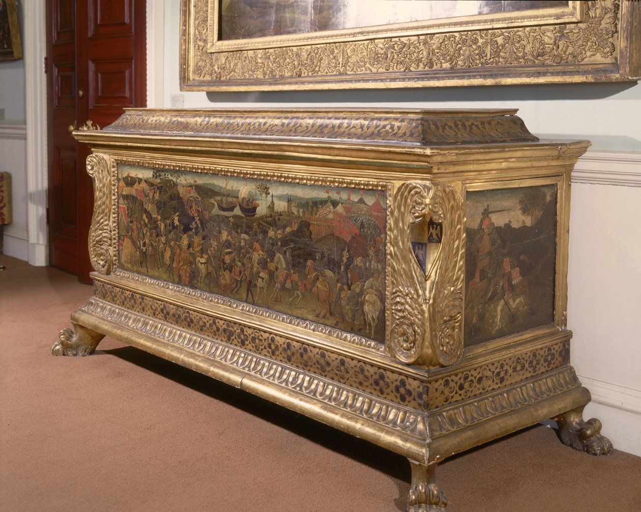Cassone, med malte paneler som viser slaget ved Pharsalia fra Pompeius og Cæsars historie, Florentine School av Unbekannt