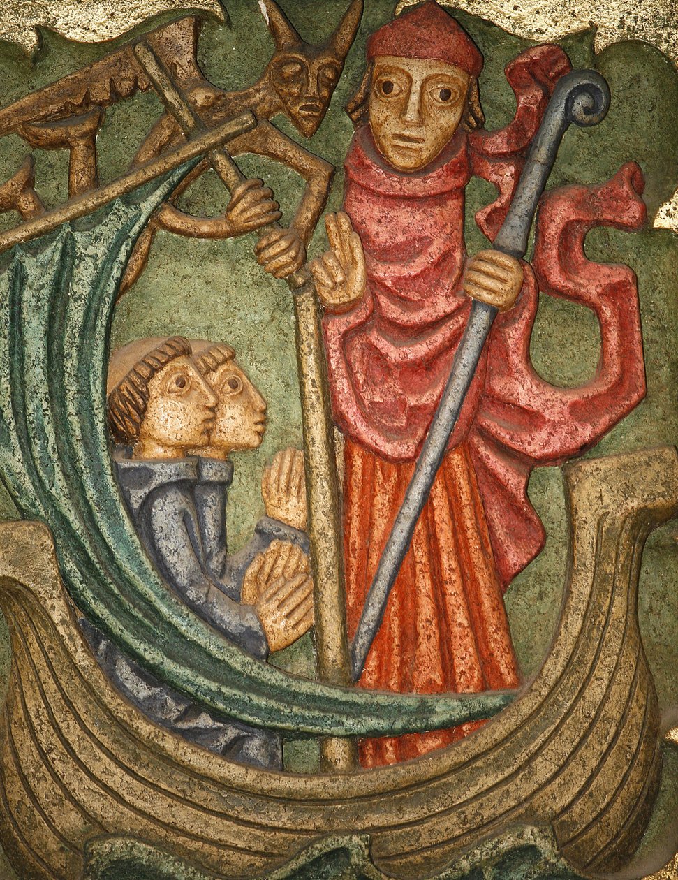 Saint-Samson-katedralen i Dol de Bretagne: skulptur av høyalteret (Claude Gruer 1980): Saint Samsons første biskop av Dol seiler sammen med sine ledsagere mot Armorica av Unbekannt
