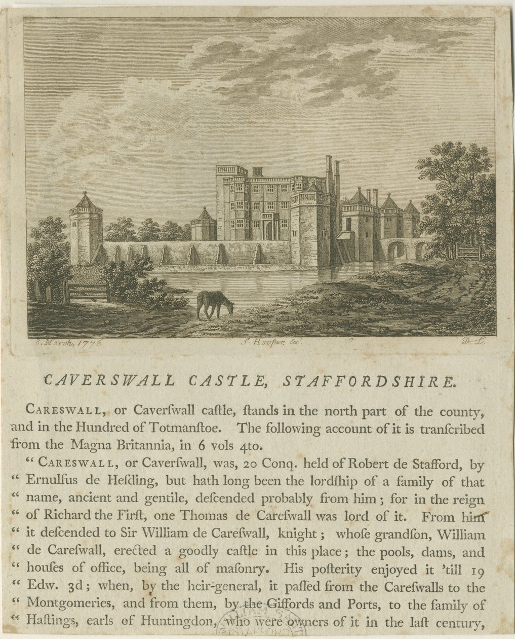 Caverswall Castle: kobberplategravering, 8. mars 1776 av Unbekannt