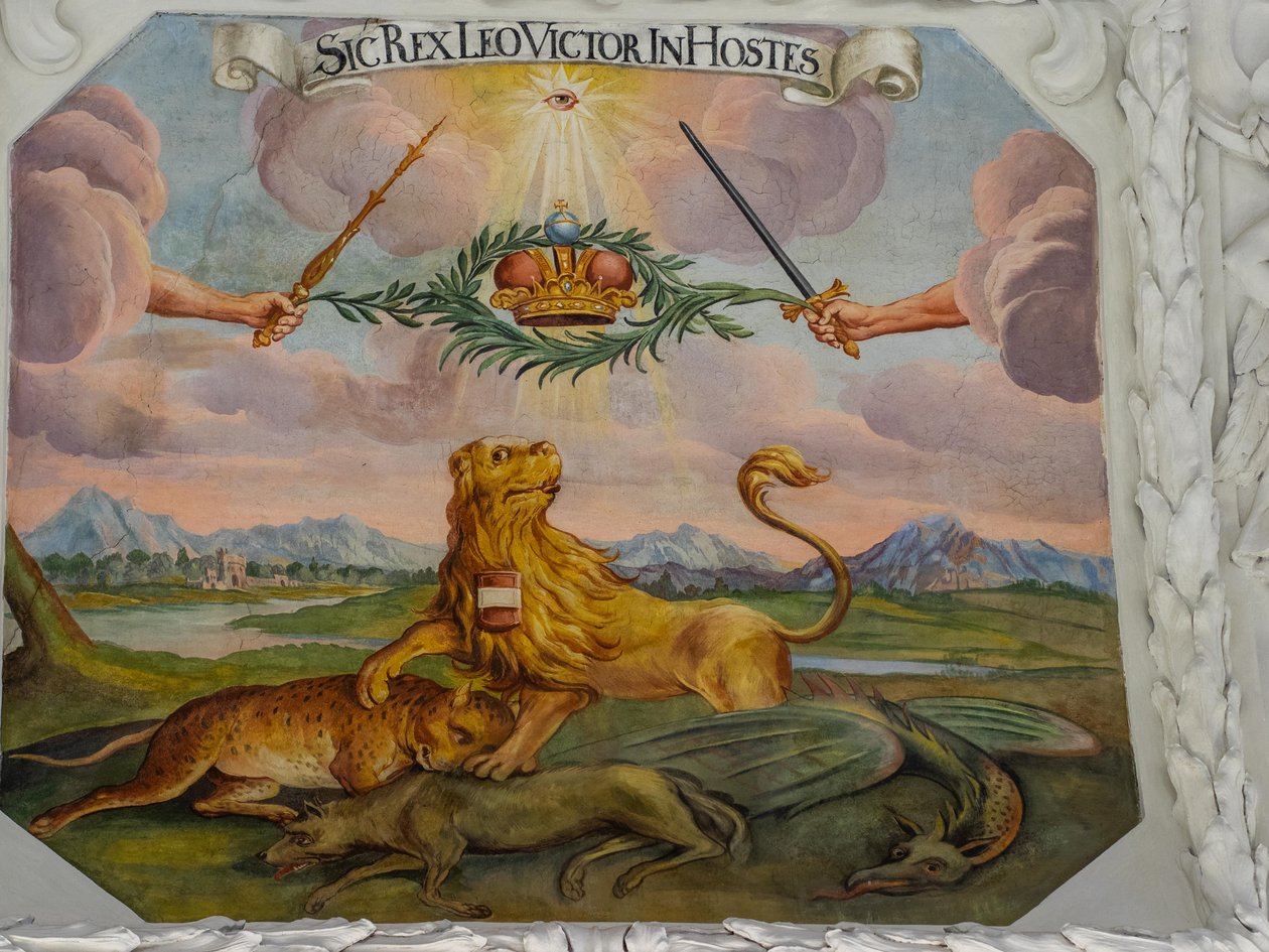 Takfreskomaleri i midtgangen til St. Katarina-kirken, allegoriske skildringer av seirene til keiser Leopold I over osmanerne, Habsburgernes mausoleum, Graz, Steiermark, Østerrike, Europa (bilde) av Unbekannter Künstler