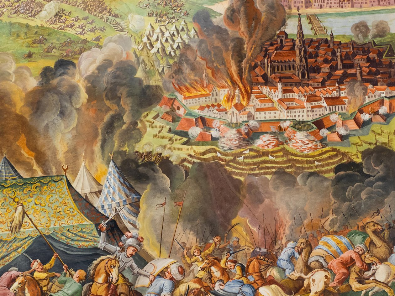 Takfreskomaleri i sidegangen til St. Katarina-kirken, Nedlegging av Wien i 1683, Habsburgernes mausoleum, Graz, Steiermark, Østerrike, Europa (bilde) av Unbekannter Künstler