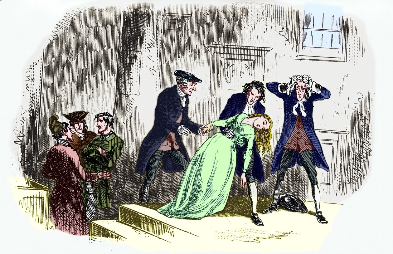 Charles Dickens 'A tale of two citys': Bildetekst lyder: Etter setningen. – Lucie Manette besvimer. CD: Engelsk romanforfatter, 7. februar 1812 9. juni 1870. Illustrasjon av George Cruikshank: engelsk karikaturist og bokillustratør av Unbekannt