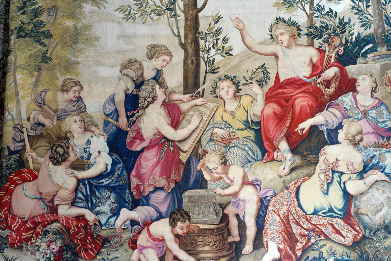 Chateau de Fontainebleau: detalj, draperi vevd for Louis XIV på Gobelins-fabrikken fra 1687 etter de store maleriene til Pierre Mignard ved Chateau de Saint Cloud for Monsieur Philippe Duc d'Orleans (1640-1701), bror til kongen. Stykket av av Unbekannter Künstler