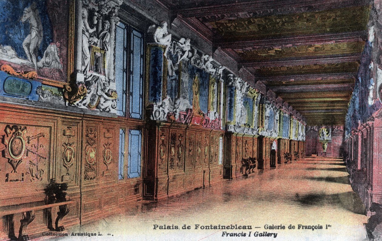 Chateau de Fontainebleau: galleriet til Francois I (1494-1547) - Postkort sent på 1800-tallet - begynnelsen av 1900-tallet av William M. Timlin