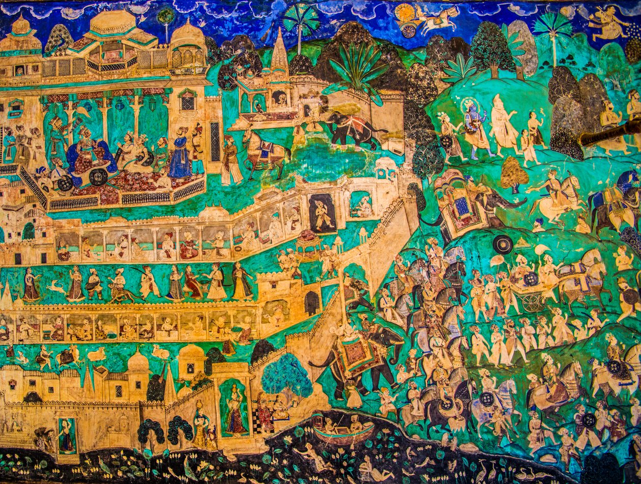Chittra Shala gårdsplass med virtuose fine malerier, Taragarh Fort, Bundi, Bundi, Rajasthan, India, Asia (bilde) av Unbekannter Künstler