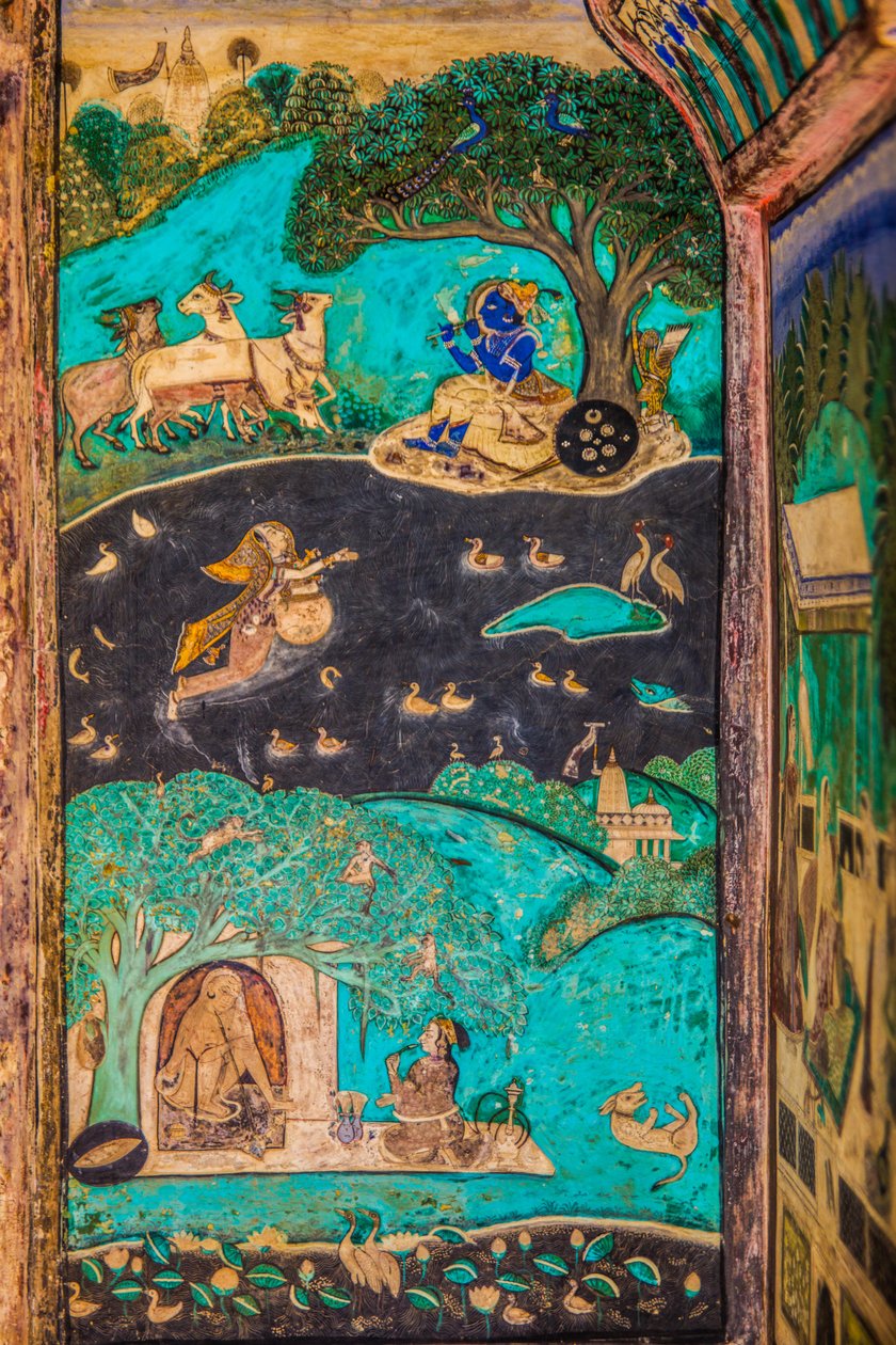 Chittra Shala gårdsplass med virtuose fine malerier, Taragarh Fort, Bundi, Bundi, Rajasthan, India, Asia (bilde) av Unbekannter Künstler