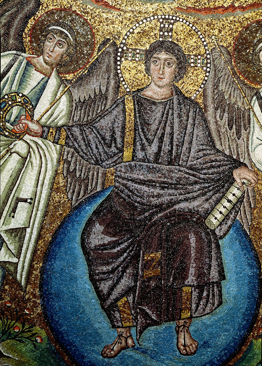 Kristus og engler, detalj ovenfra apsis, 6. århundre (mosaikk) av Unbekannt